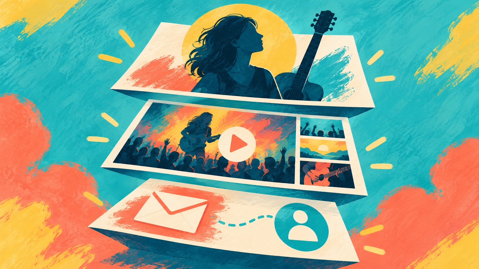 Three layers of an artist profile: introduction, media proof, and a way to start an inquiry.