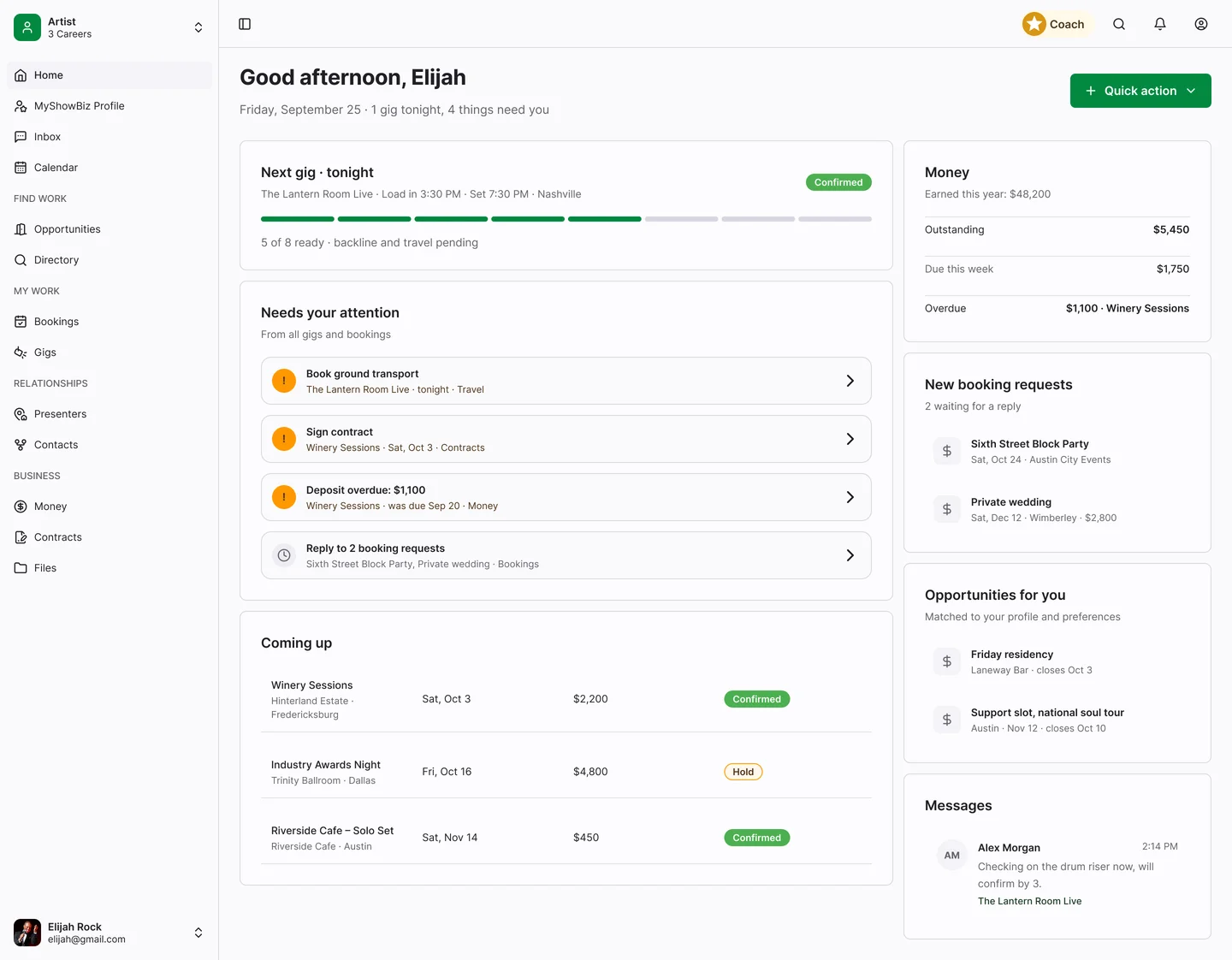 Artist Home design showing career tasks, calendar dates and Money in the MYSHOWBIZ workspace