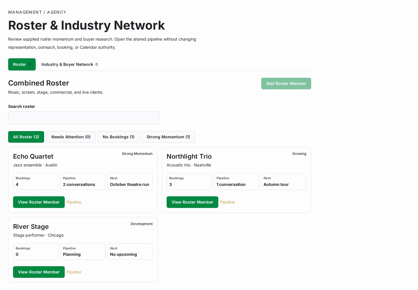 Seeded React Representation roster showing three synthetic artists, their next dates, pipeline and roster status